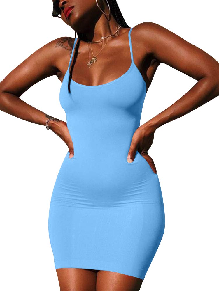 LCNBA Sexy Spaghetti Strap Tank Dress Basic Backless Bodycon Club Party Mini Dress Sky Blue - Image 3